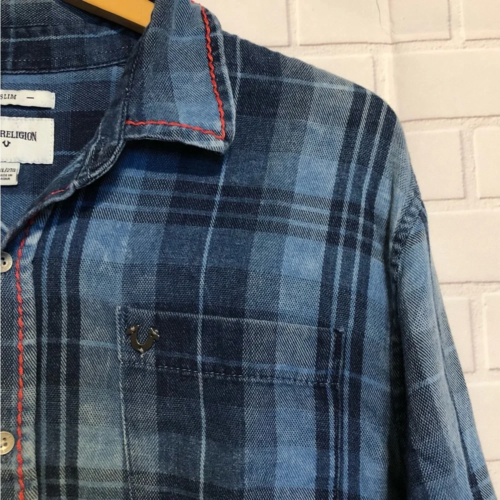 True Religion Men's Blue Slim Flannel Western Button Front Long Sleeve Shirt 2XL - Picture 5 of 12